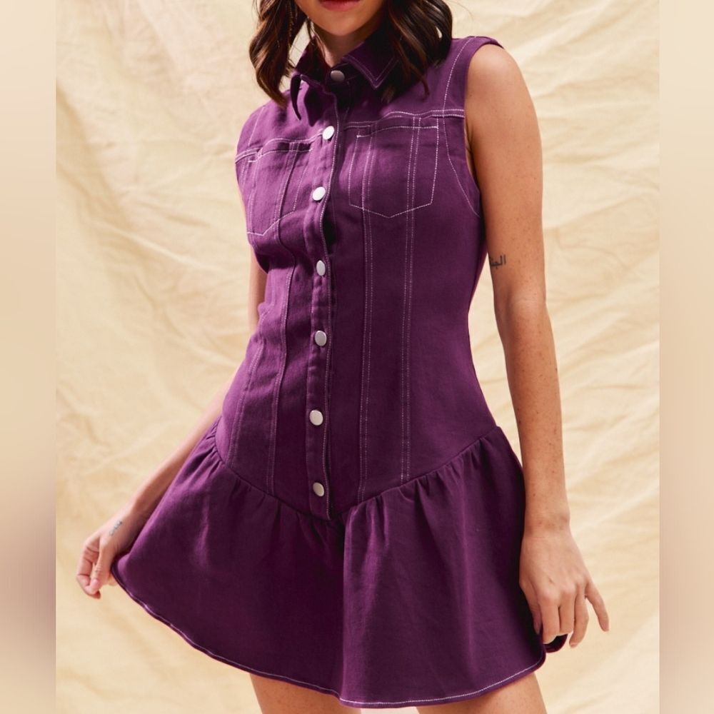 Purple Sleeveless Button-Down Dress White Stitching size Medium - Picture 11 of 14